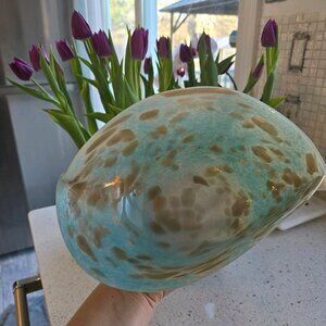 Fused Art Glass Bowl Gold Glitter Bubbles Turqoise Blue Serving Bowl Centerpiece